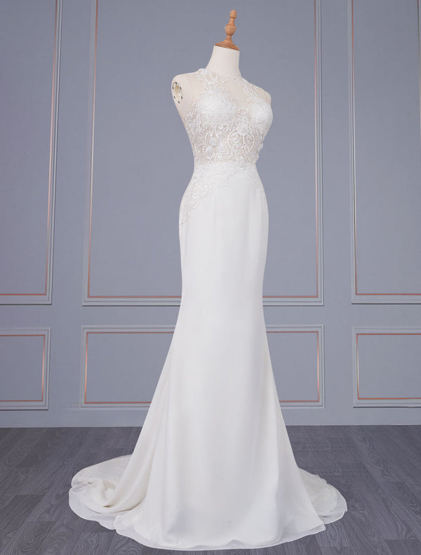Gorgeous Wedding Dresses Sleeveless Backless Natural Waist Lace With Train Long Bridal Dresses