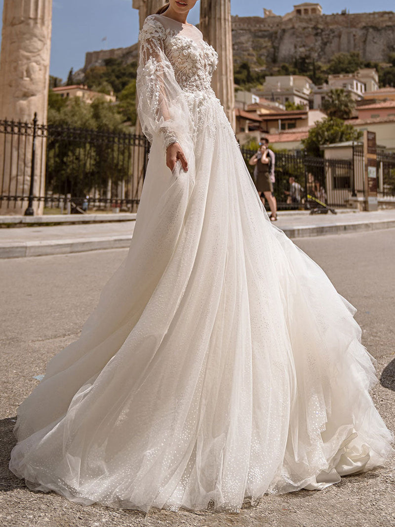 Gorgeous Wedding Dresses With Train A Line Jewel Neck Long Sleeves Lace Bridal Gown