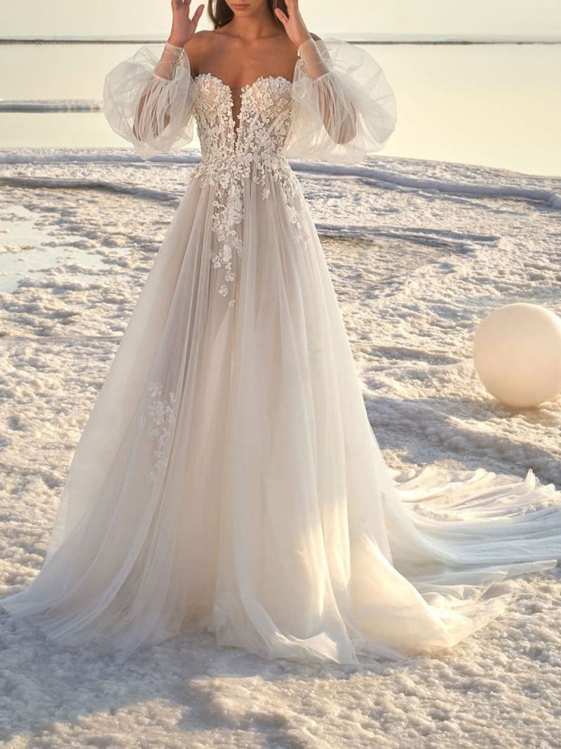 Gorgeous Wedding Dresses With Train A-Line Off-The-Shoulder Long Sleeves Backless Lace Bridal Gown