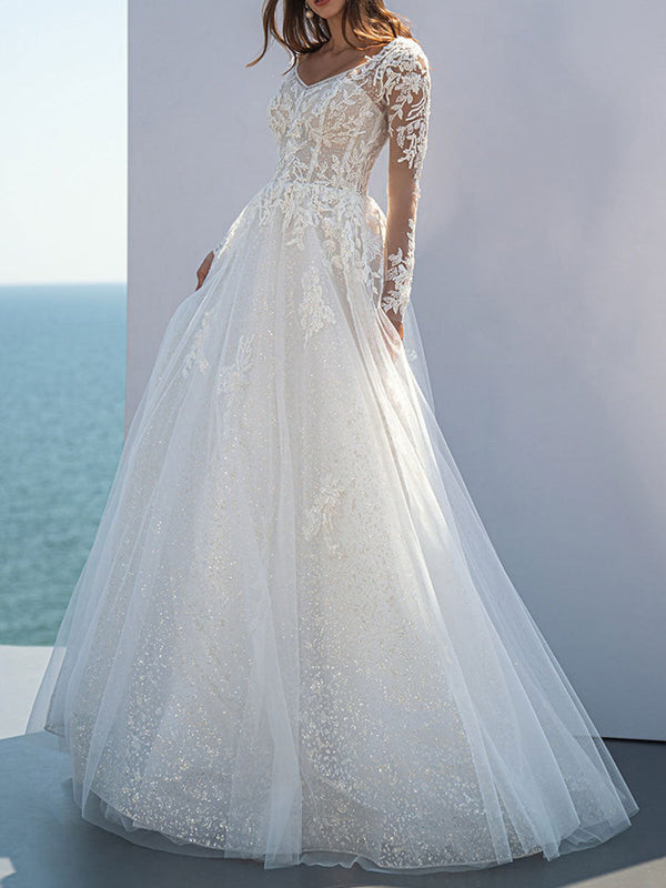 Gorgeous Wedding Dresses With Train V Neck Long Sleeves Lace A-Line Bridal Dresses