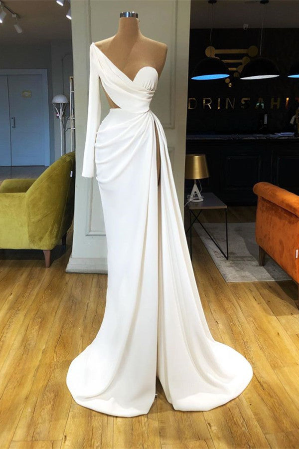 Gorgeous White One Shoulder Prom Dress With Split Long Sleeve