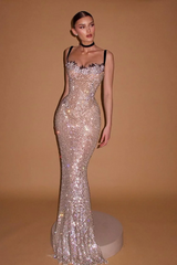 Sparkle Gorgeous Sequins Beaded Spaghetti Strap Mermaid Sleeveless Prom Dress