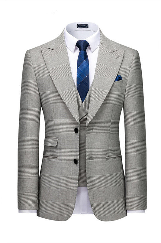 Gray Plaid New Arrival Peaked Lapel Slim Fit Men Suit for Prom