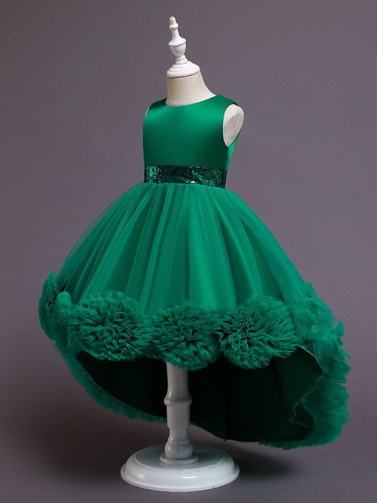 Green Jewel Neck Sleeveless Bows Tulle Cotton Sequined Kids Party Dresses