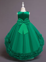 Green Jewel Neck Sleeveless Bows Tulle Cotton Sequined Kids Party Dresses