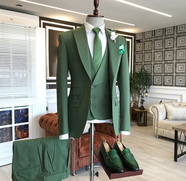 Green Three Piece Slim Fit Peaked Lapel Men's Suits