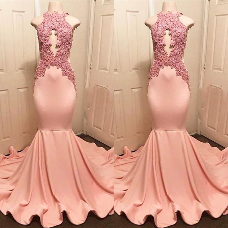 Halter Pink Lace Party Dresses Mermaid Formal Dresses