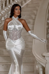Halter Shiny Mermaid Satin Floor length Keyhole Wedding Dresses