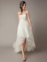 High Low Wedding Dresses Strapless Lace Tulle Bow Sash Asymmetrical Summer Beach Bridal Dress