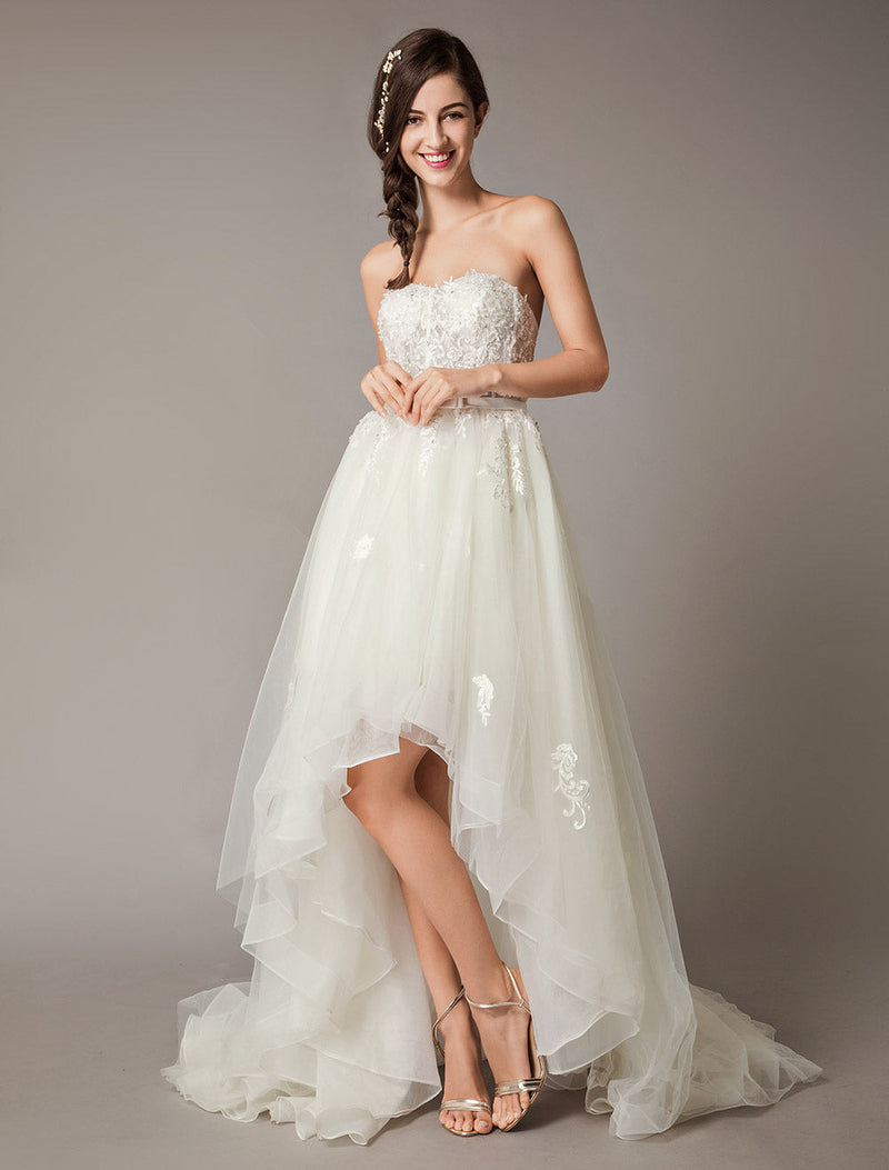 High Low Wedding Dresses Strapless Lace Tulle Bow Sash Asymmetrical Summer Beach Bridal Dress