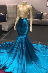 High-Neck Illusion Neckline Sleeveless Long Train Appliques Mermaid Prom Gowns