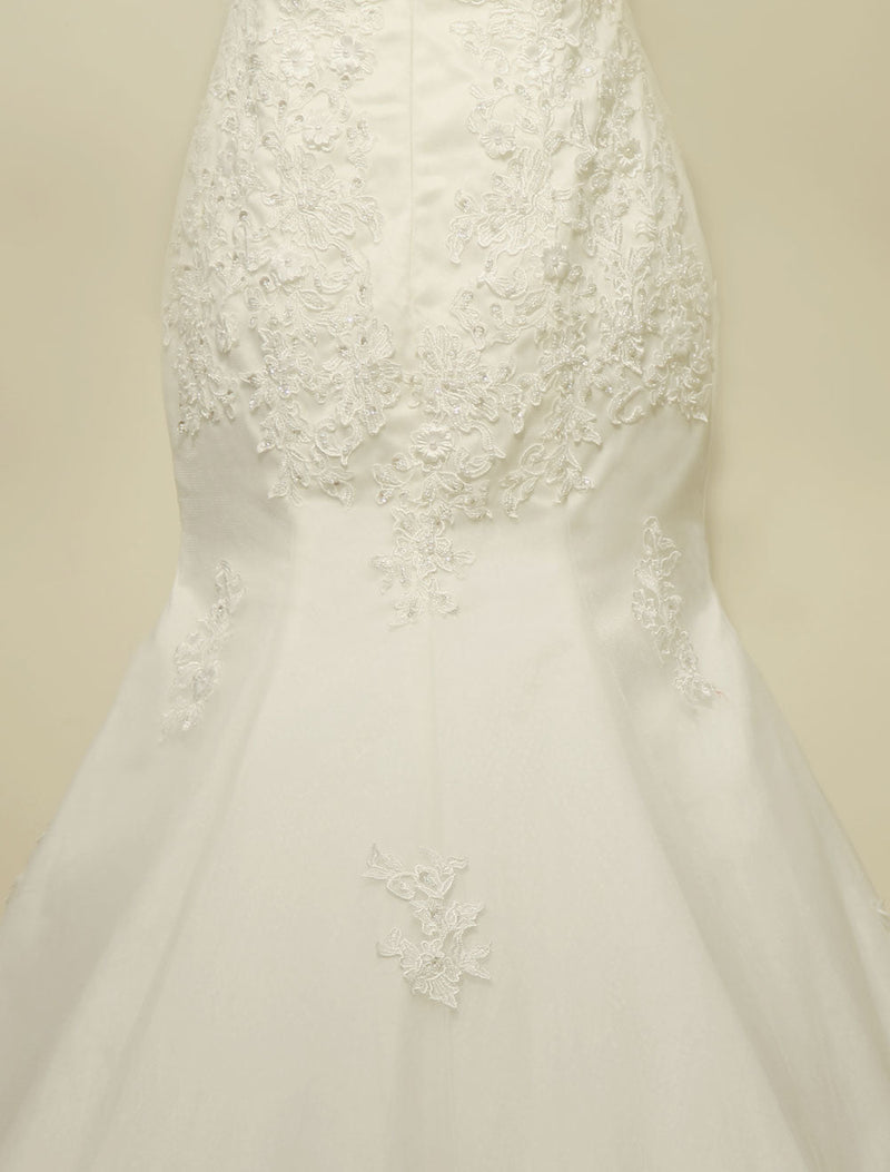 High Qulity Lace Mermaid Wedding Dress Illusion Chaple Train Ivory Beading Bridal Gown