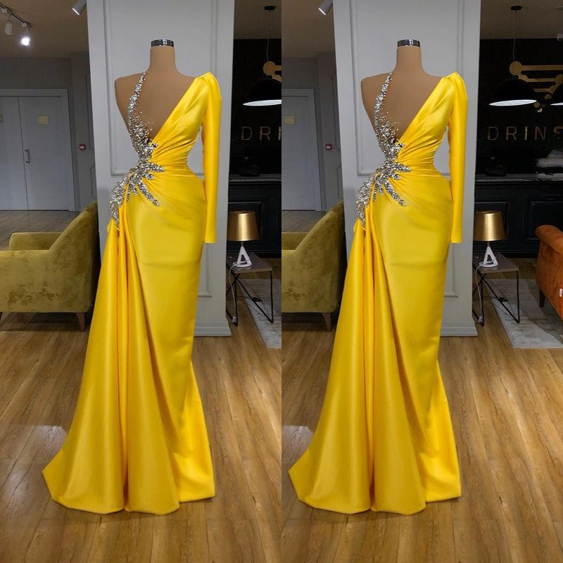 Illusion neck Bright Yellow Bubble Sleeves Prom Dress One shoulder