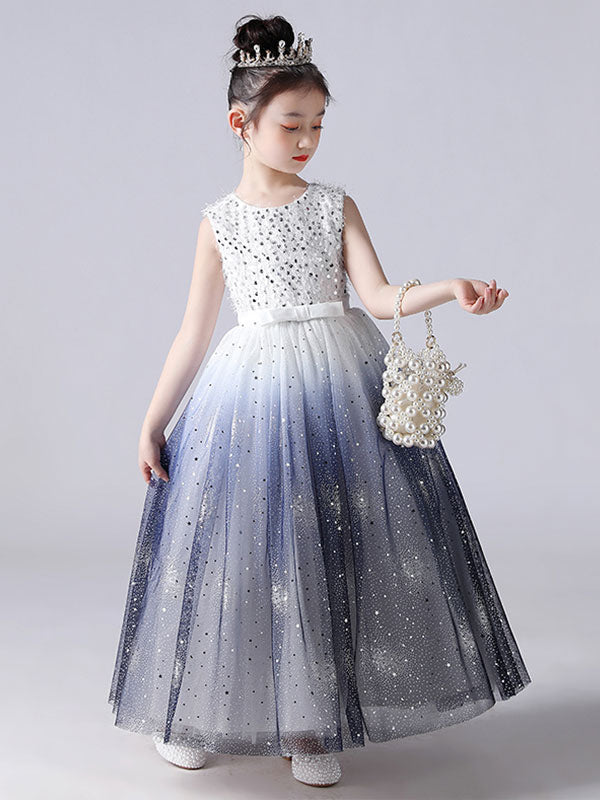 Ink Blue Jewel Neck Sleeveless Sequins Kids Social Party Dresses Princess Dress