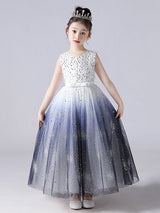Ink Blue Jewel Neck Sleeveless Sequins Kids Social Party Dresses Princess Dress