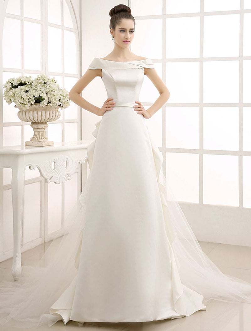 Ivory A-Line Sweep Bridal Wedding Dress With Off-The-Shoulder Ruffles Exclusive