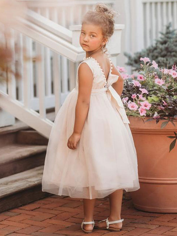 Ivory Jewel Neck Ankle-Length Butterfly Formal Kids Pageant flower girl dresses
