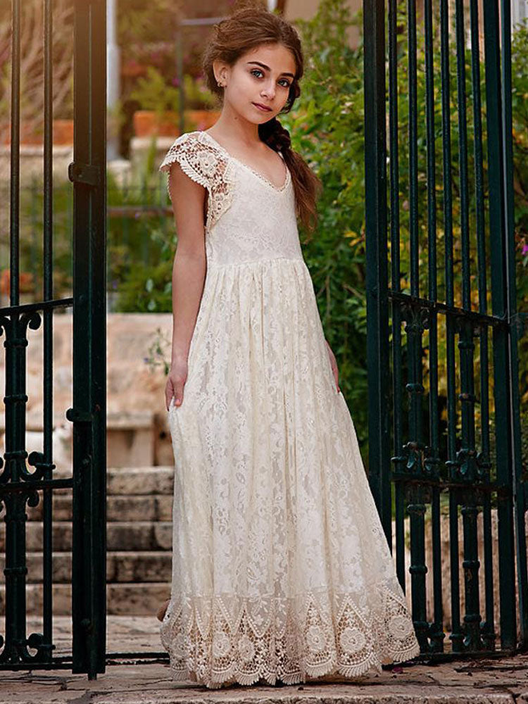 Ivory Jewel Neck Lace Short Sleeves Floor-Length A-Line Lace Kids Social Party Dresses