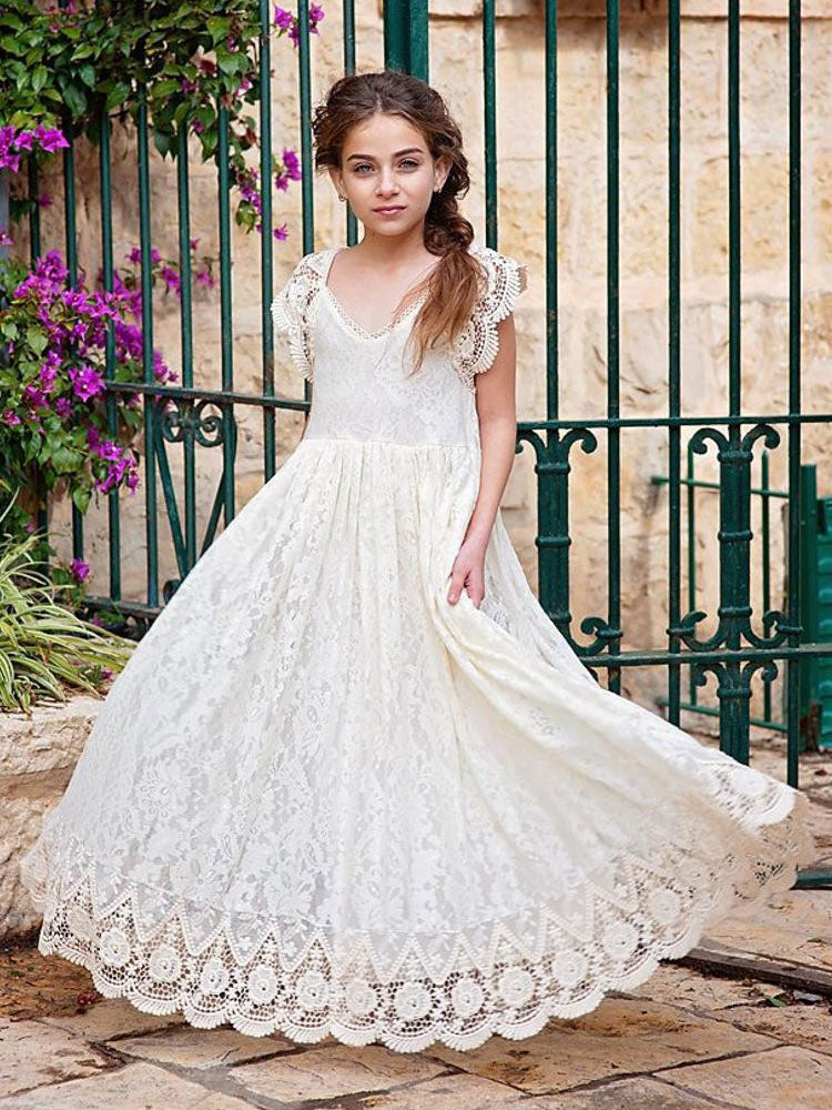 Ivory Jewel Neck Lace Short Sleeves Floor-Length A-Line Lace Kids Social Party Dresses