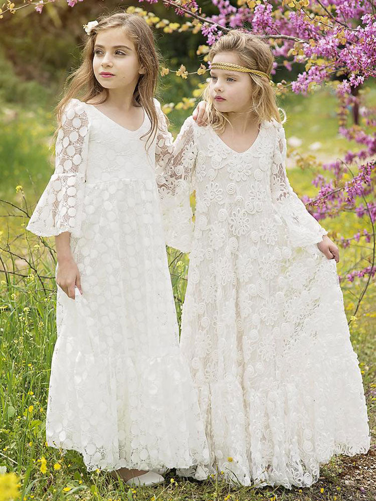 Ivory Jewel Neck Long Sleeves Lace Kids Party Dresses