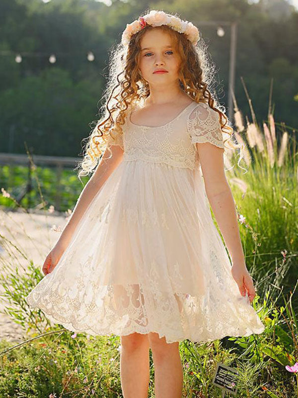 Ivory Jewel Neck Short Sleeves Lace Formal Kids Pageant flower girl dresses