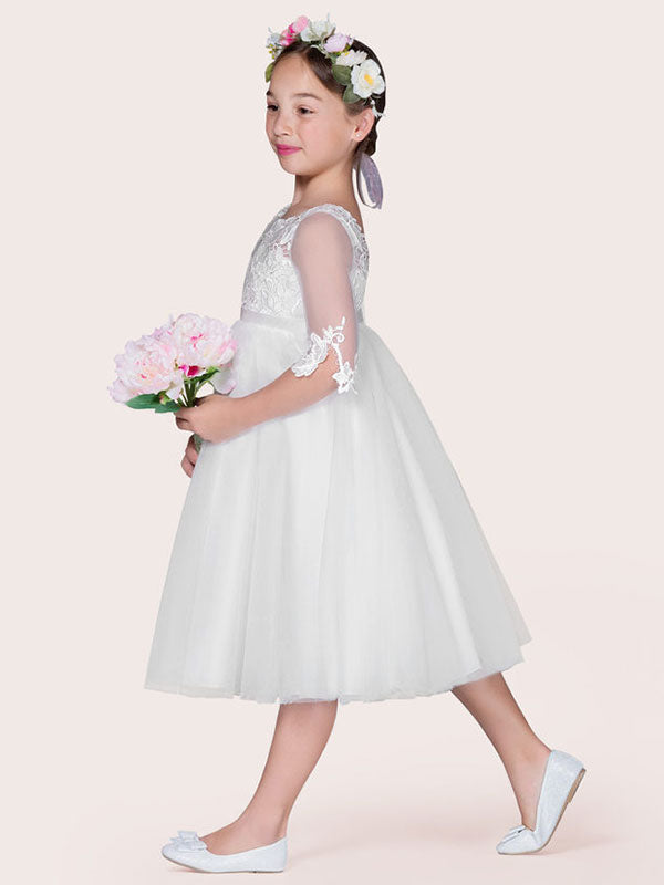 Ivory Jewel Tulle Neck Tulle Half Sleeves A-Line Lace Kids Party Dresses