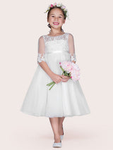 Ivory Jewel Tulle Neck Tulle Half Sleeves A-Line Lace Kids Party Dresses