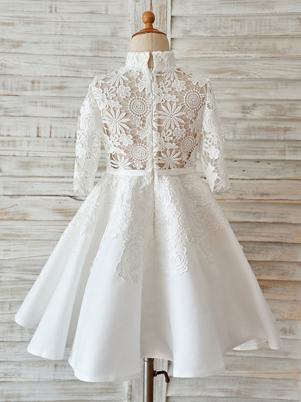 Ivory Lace Satin High Neck Long Sleeves Wedding flower girl dress