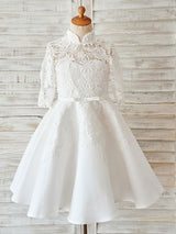 Ivory Lace Satin High Neck Long Sleeves Wedding flower girl dress