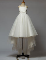Ivory Lace Sequins High Low Criss Cross Bow Sash Tulle Long Kids Pageant Dress With Train