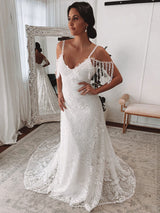 Ivory Lace Sexy Backless Wedding Dress With Train A-Line Sleeveless Chic V-Neck Bridal Gowns