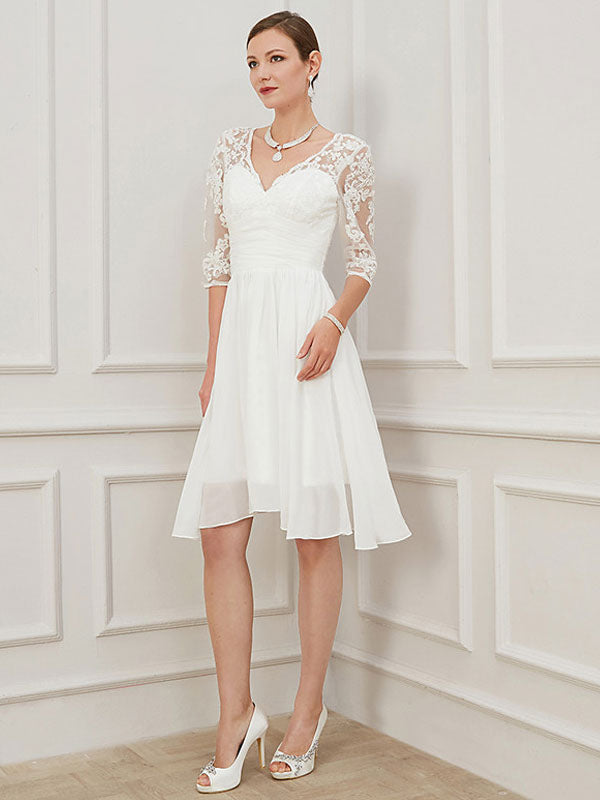Ivory Short Wedding Dress Knee Length Chic V-Neck Half Sleeves A-line Chiffon Bridal Gowns