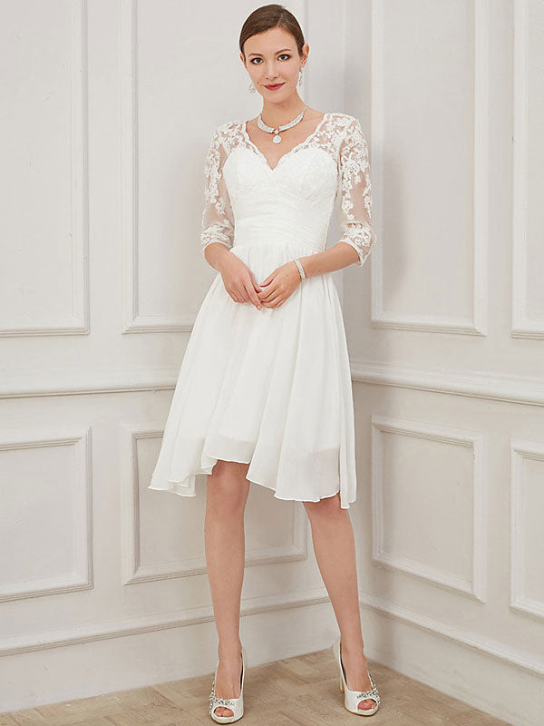 Ivory Short Wedding Dress Knee Length Chic V-Neck Half Sleeves A-line Chiffon Bridal Gowns