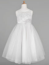 Ivory Tulle Jewel Neck Sleeveless A-Line Beaded Kids Social Party Dresses