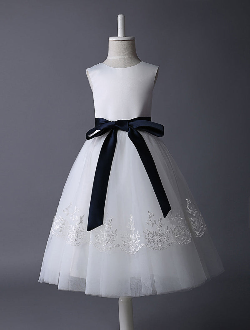 Ivory Tulle flower girl dress With Lace Applique And Navy Blue Sash