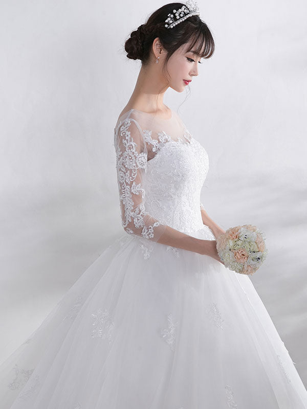 Ivory Wedding Dress Lace Applique Illusion Sweetheart Sexy Backless Half Sleeve A-line Chapel Train Bridal Dress