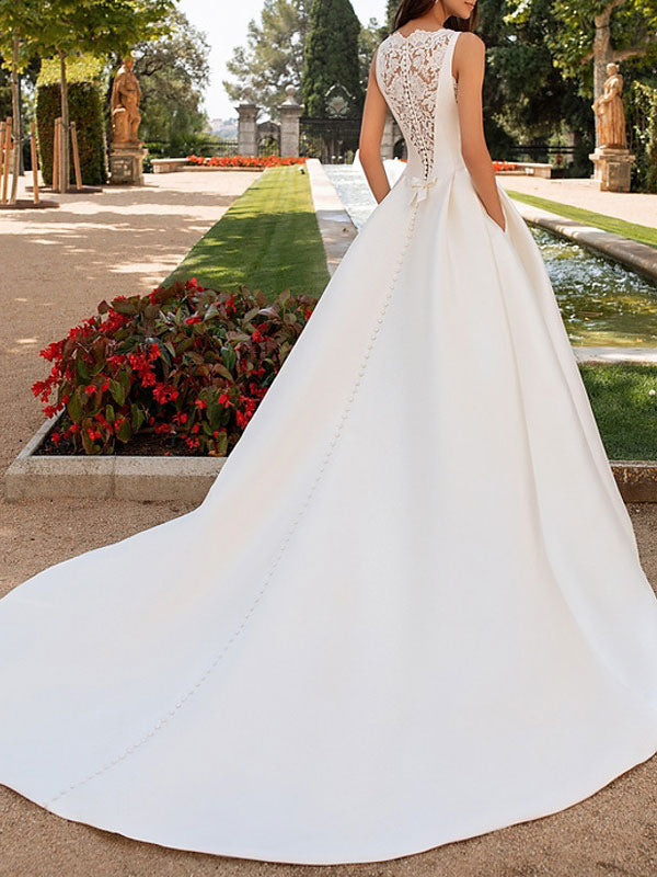 Ivory Wedding Dresses A-line With Chapel Train Sleeveless Lace High Collar Bridal Gowns