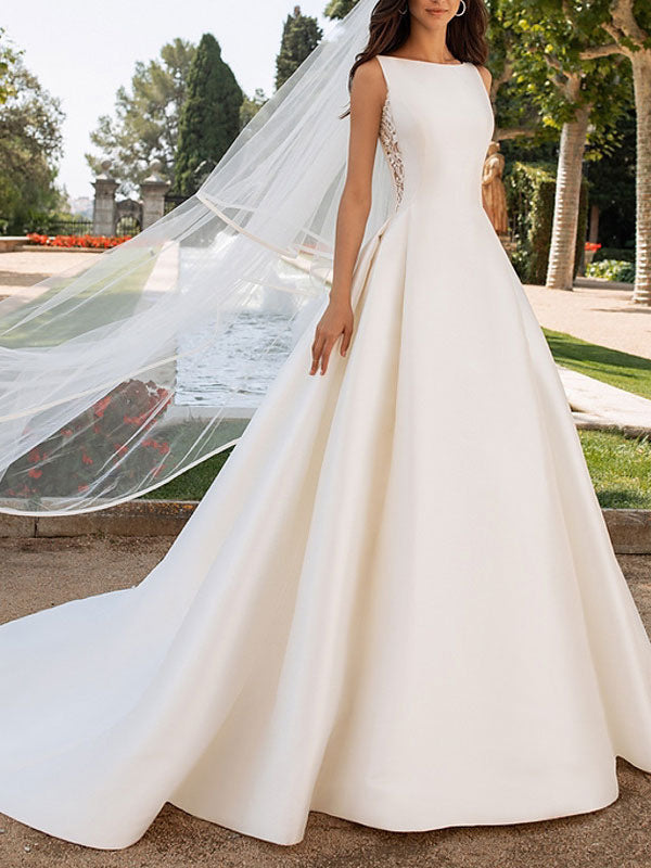 Ivory Wedding Dresses A-line With Chapel Train Sleeveless Lace High Collar Bridal Gowns