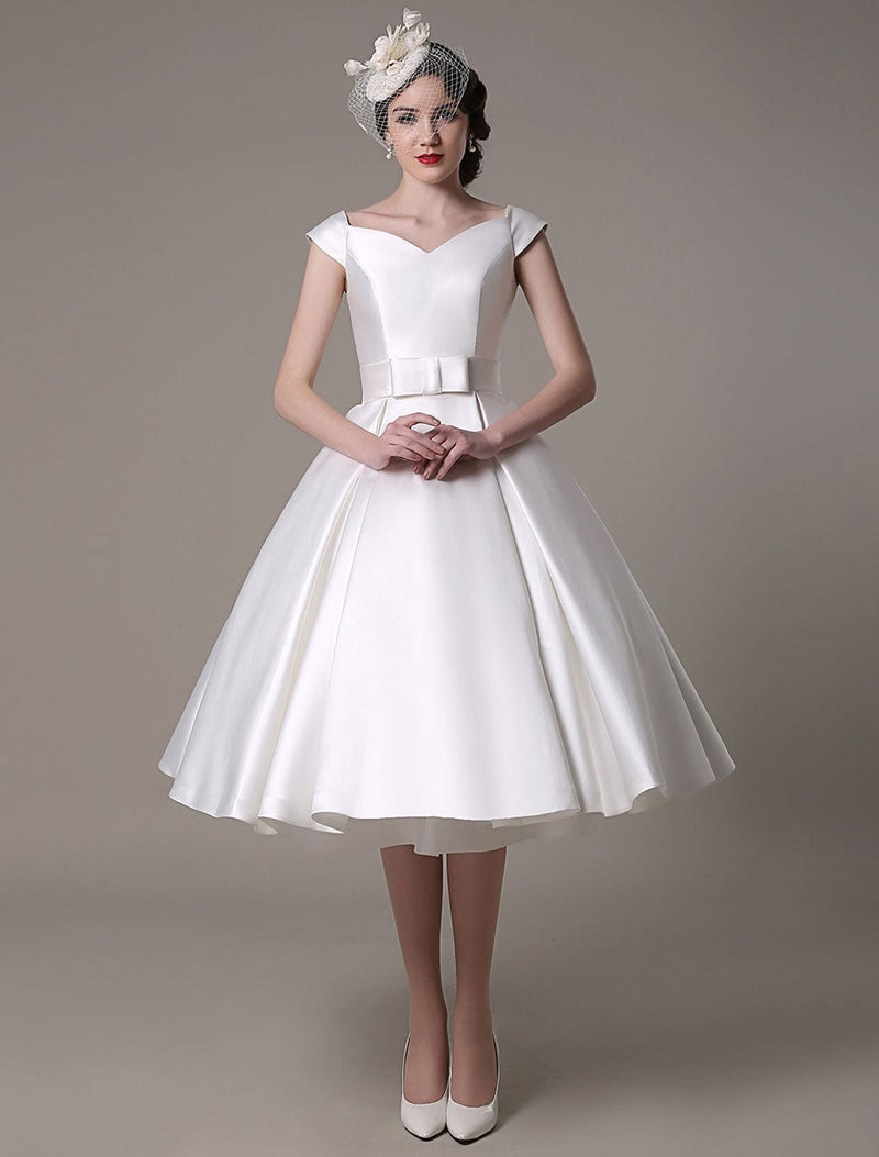 Ivory Wedding Dresses Short Satin Knee Length Bow Sash Retro Bridal Dress Exclusive