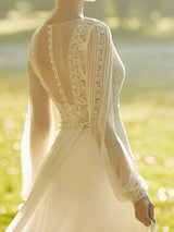 Ivory Wedding Dresses With Court Train A-line Long Sleeves Lace Chic V-Neck Bridal Gowns