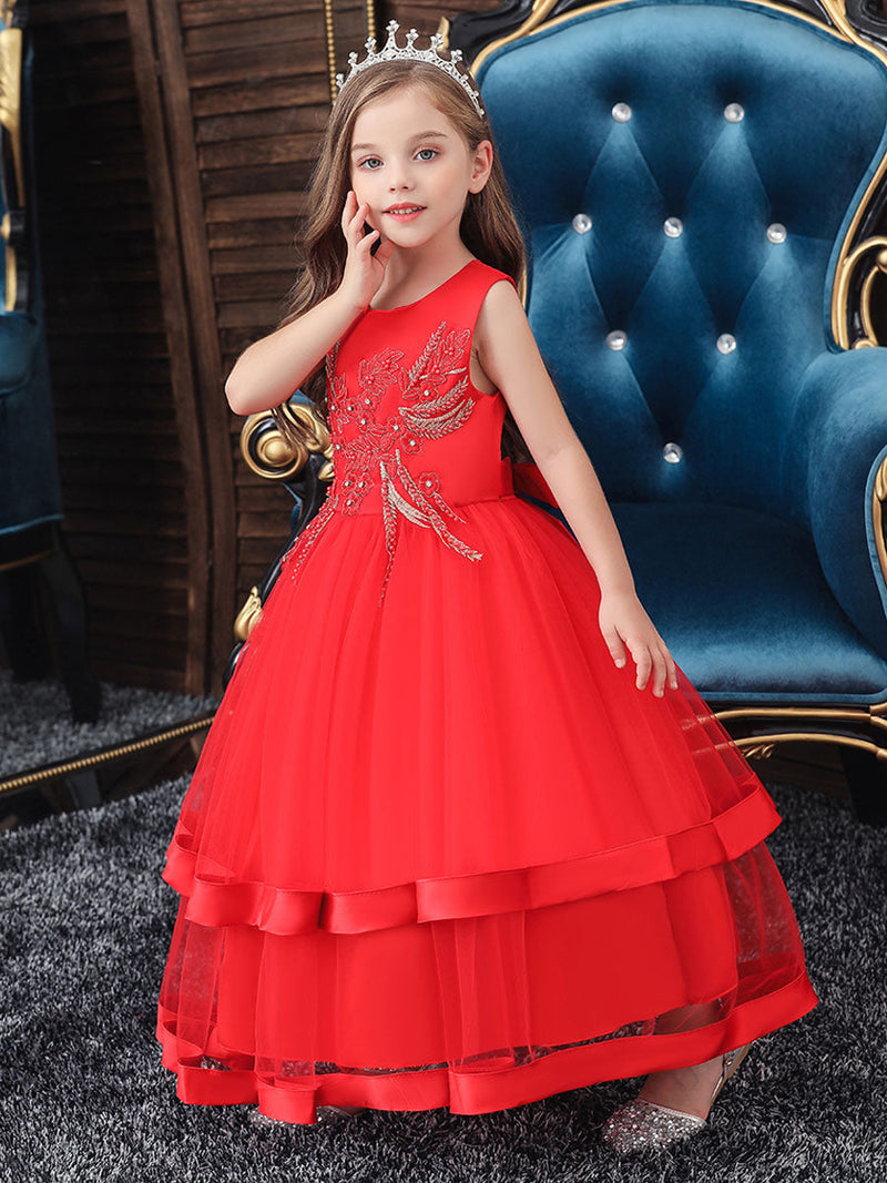 Jewel Neck Cotton Sleeveless Ankle Length Princess Beaded Formal Kids Pageant flower girl dresses
