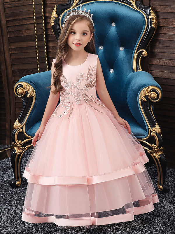 Jewel Neck Cotton Sleeveless Ankle Length Princess Beaded Formal Kids Pageant flower girl dresses
