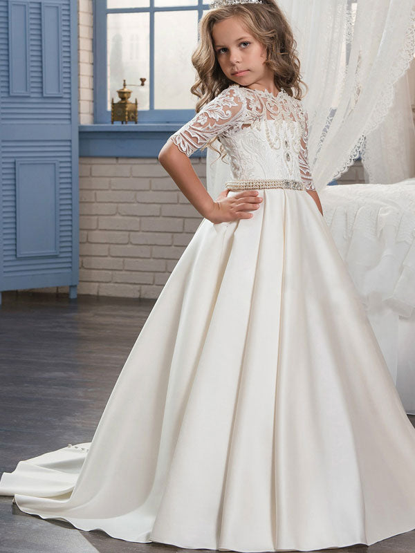 Jewel Neck Half Sleeves Studded Kids Formal Party Dresses