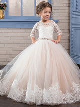 Jewel Neck Lace Long Sleeves Floor-Length Princess Embroidered Formal Kids Pageant flower girl dresses