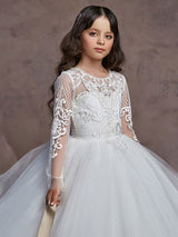 Jewel Neck Lace Long Sleeves Floor-Length Princess Embroidered Kids Party Dresses