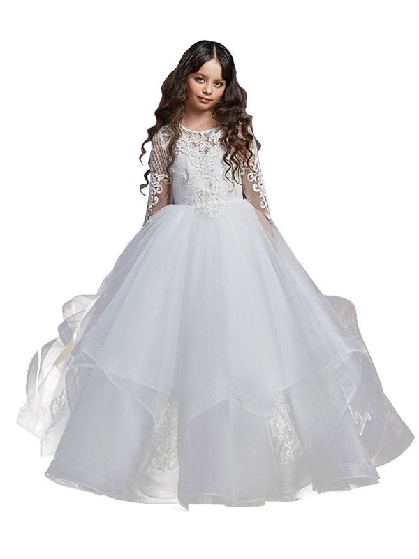 Jewel Neck Lace Long Sleeves Floor-Length Princess Embroidered Kids Party Dresses