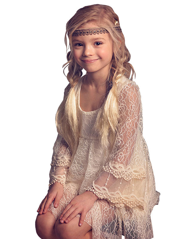 Jewel Neck Lace Long Sleeves Short A-Line Lace Kids Social Party Dresses