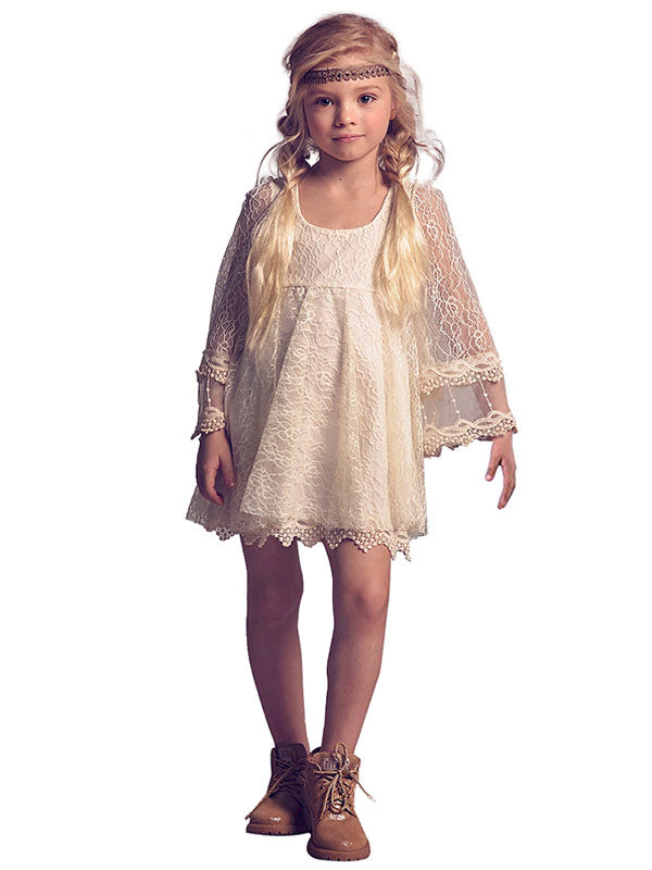 Jewel Neck Lace Long Sleeves Short A-Line Lace Kids Social Party Dresses