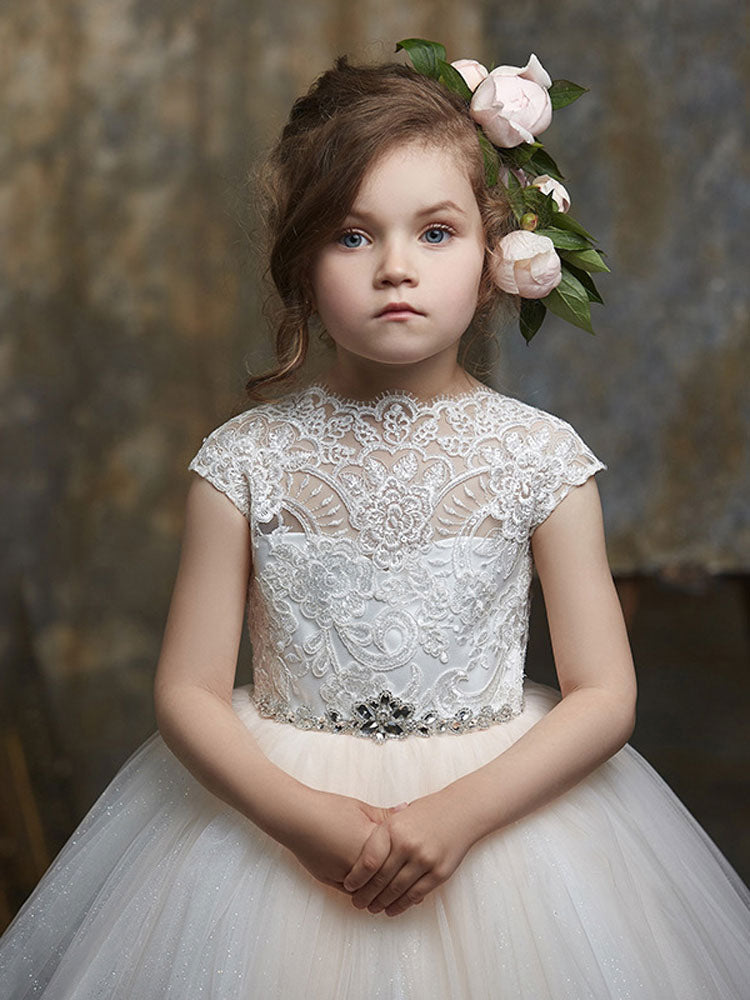 Jewel Neck Lace Short Sleeves Floor-Length Princess Embroidered Formal Kids Pageant flower girl dresses