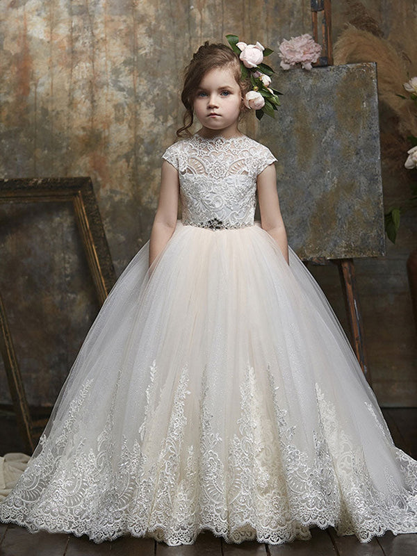 Jewel Neck Lace Short Sleeves Floor-Length Princess Embroidered Formal Kids Pageant flower girl dresses